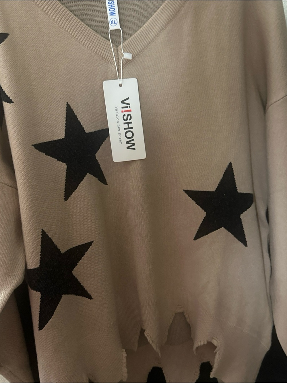 VISHOW Taupe V-Neck Star Knit Sweater